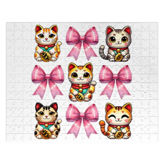 Coquette Bow Maneki Neko Japanese Cat Lucky Pink Jigsaw Puzzles