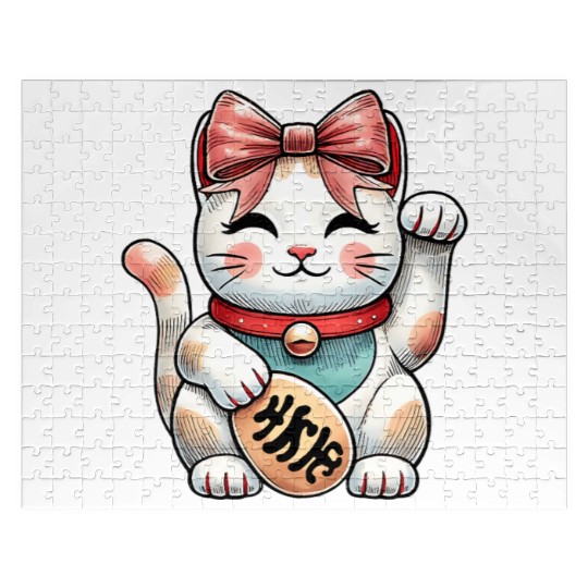 Coquette Bow Maneki Neko Japanese Cat Lucky Pink Jigsaw Puzzles