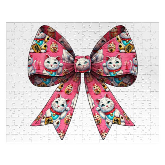 Coquette Bow Maneki Neko Japanese Cat Lucky Pink Jigsaw Puzzles
