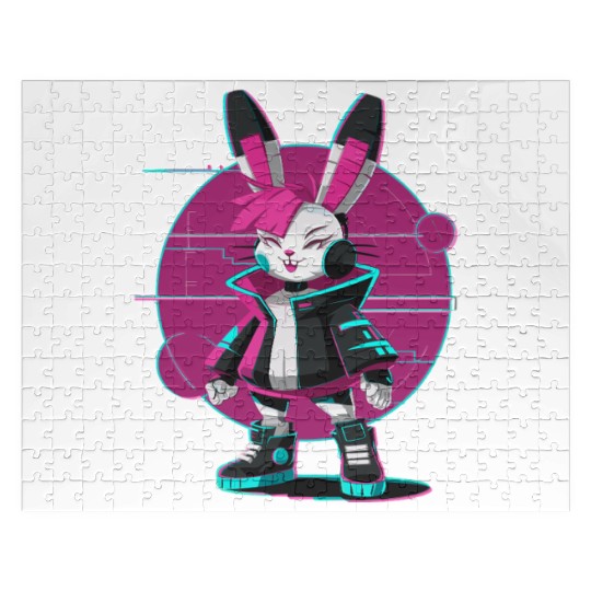 Cyber Bunny with Futuristic Style and Neon Colors Jigsaw Puzzles