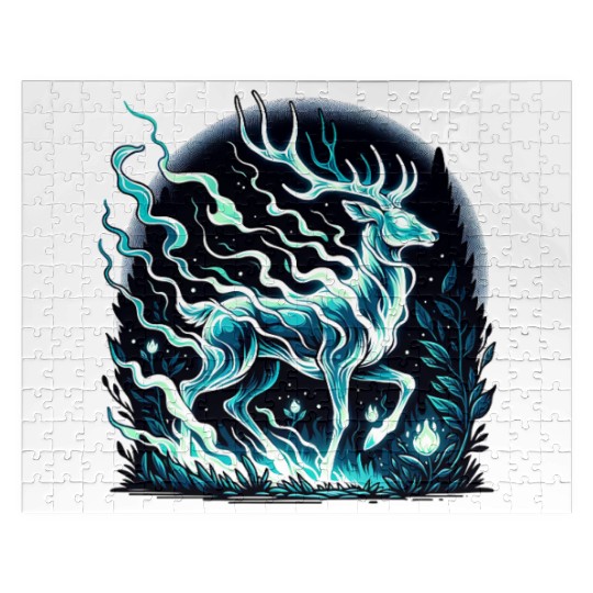 Ethereal Stag in Mystical Forest Moonlight Jigsaw Puzzles