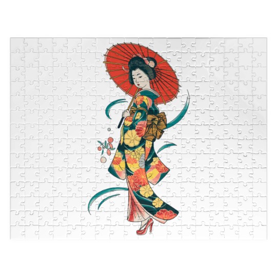 Elegant Geisha with Red Parasol and Floral Kimono Jigsaw Puzzles