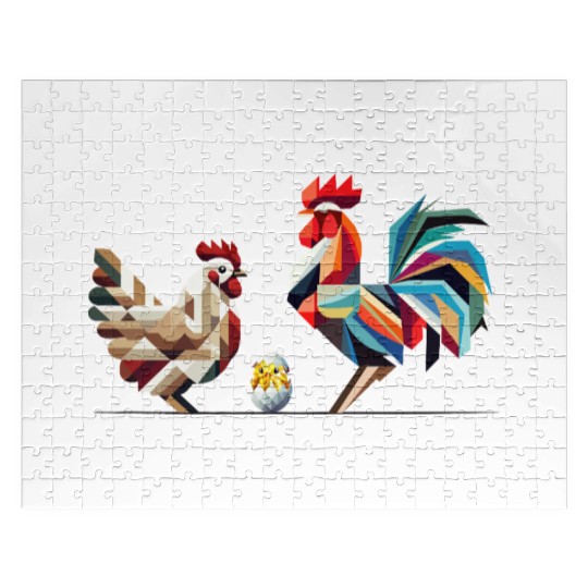 Rooster, Hen, and Chick – Geometric Easter Motif Jigsaw Puzzles