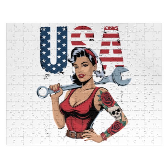 Patriotic Retro Mechanic Woman USA Flag Art Jigsaw Puzzles