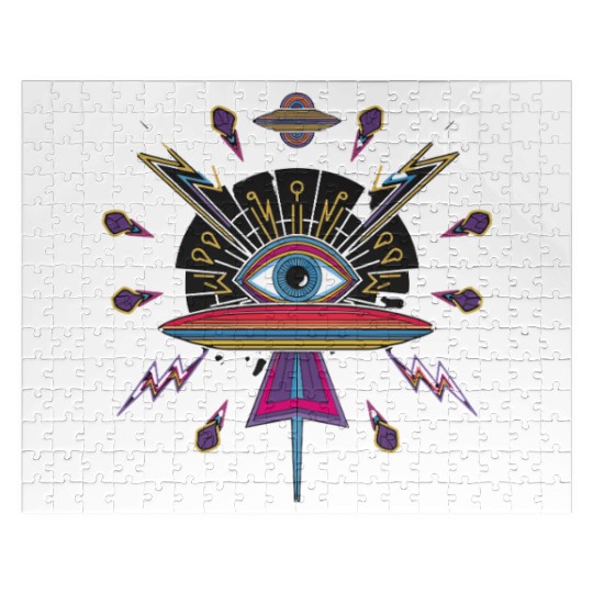 Psychedelic UFO Eye with Cosmic Lightning and Jigsaw Puzzles