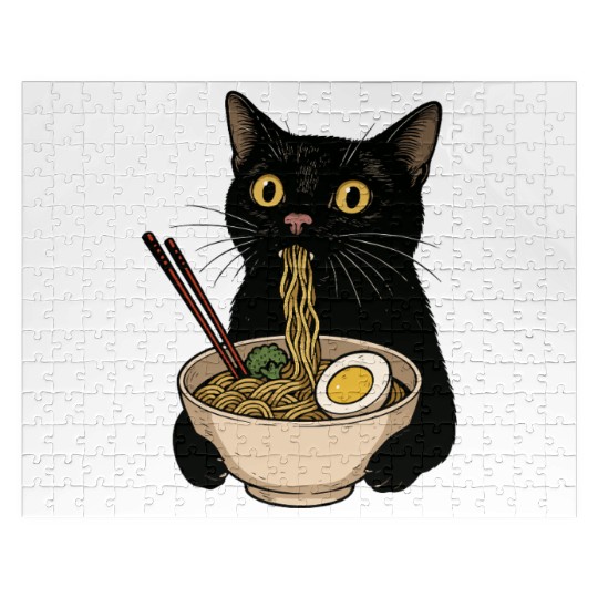 Black Cat Eating Ramen Noodles, Cute Japanese Food Jigsaw Puzzles