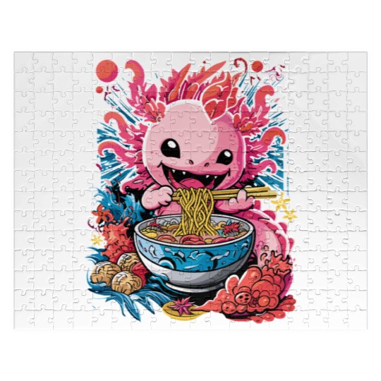 Cute Axolotl Enjoying Bowl of Ramen in Vibrant Jigsaw Puzzles