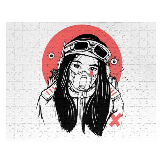 Cyberpunk Girl – Futuristic Gas Mask Art with Red Jigsaw Puzzles