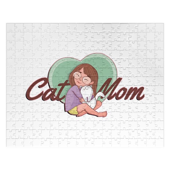 Cat Mom SVG – Girl Hugging White Cat with Heart Jigsaw Puzzles