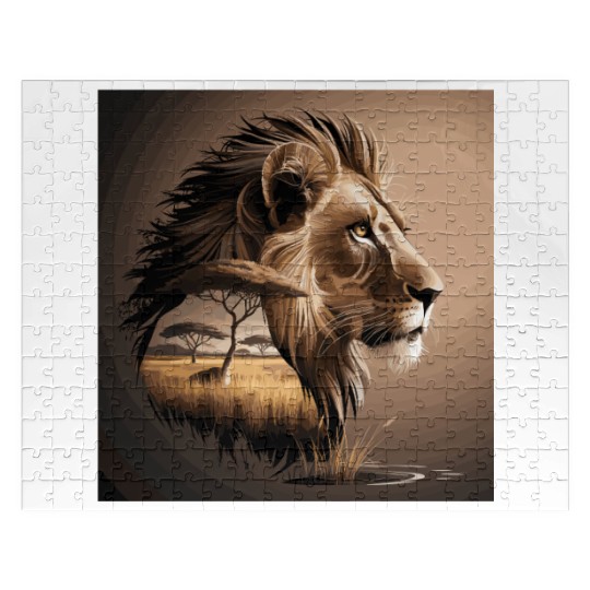 Majestic Lion in African Savanna Landscape Jigsaw Puzzles