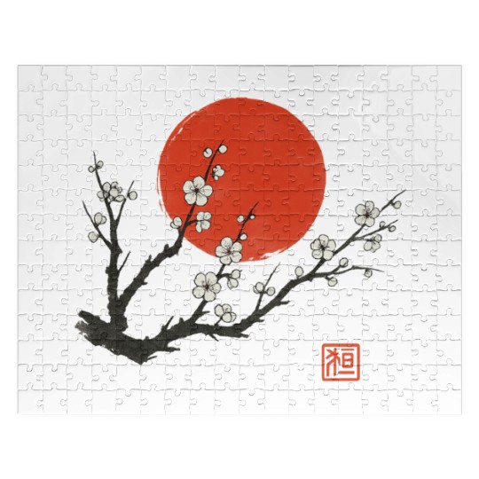 Cherry Blossom and Red Sun – Japanese Sumi-e Ink S Jigsaw Puzzles