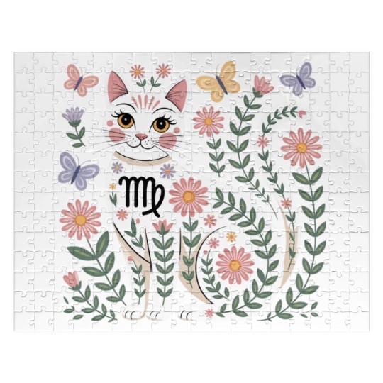 Virgo Zodiac Cat with Daisies Jigsaw Puzzles