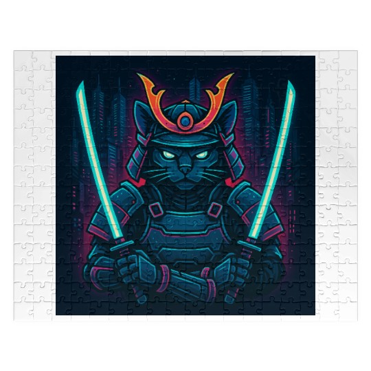 A futuristic samurai cat in neon armor with glo Jigsaw Puzzles