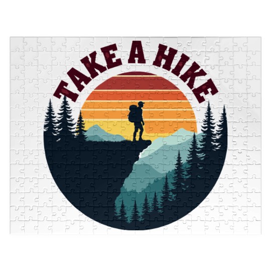 Take A Hike - Vintage Sunset Mountain Silhouette Jigsaw Puzzles