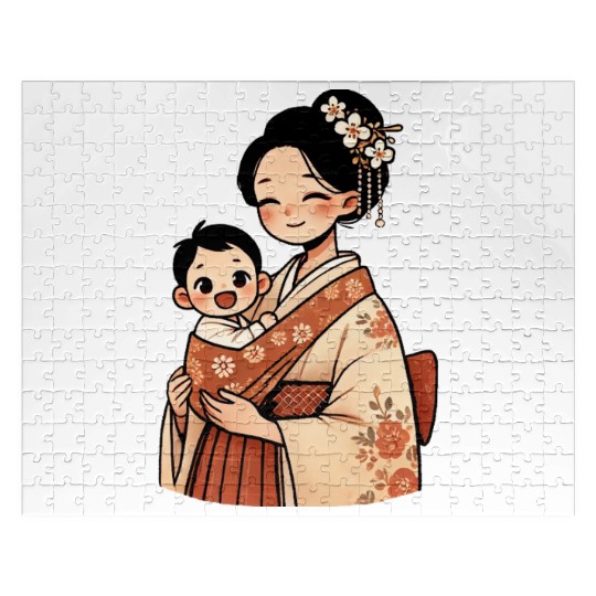 Elegant Asian Woman in Kimono Holding Baby Jigsaw Puzzles
