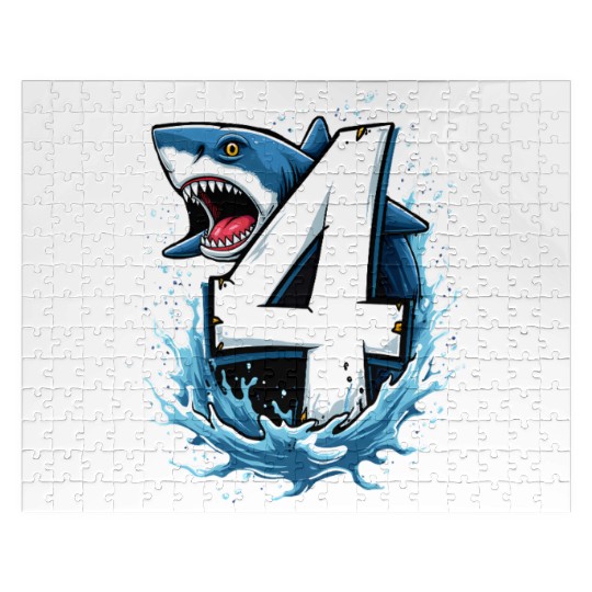 Shark Children Birthday with Number 4 Splash Jigsaw Puzzles