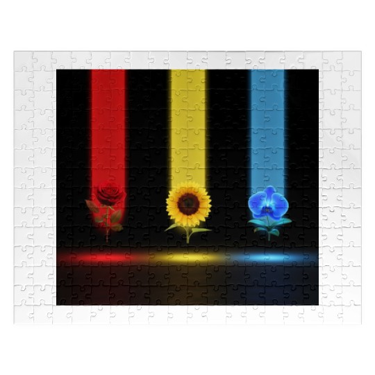 Three Glowing Blooms: Rose, Sunflower, and Orchid Jigsaw Puzzles