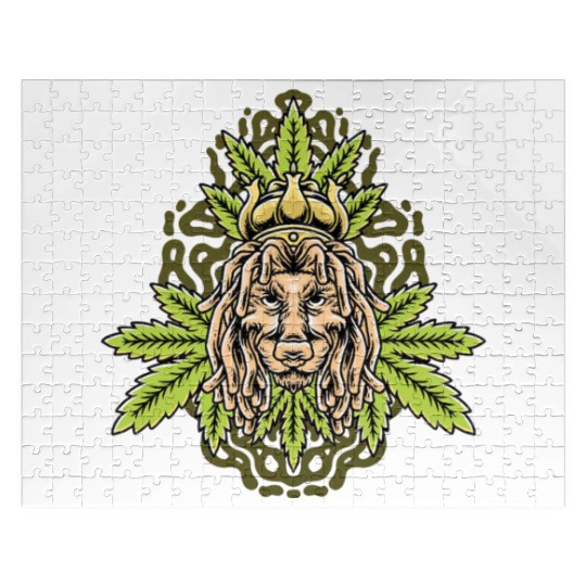 handdrawn lion marijuana leaf with old school t Jigsaw Puzzles
