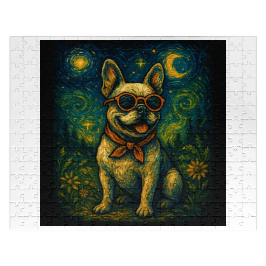 Starry Night Dog Funny Art Style Retro Glasses Pet Jigsaw Puzzles