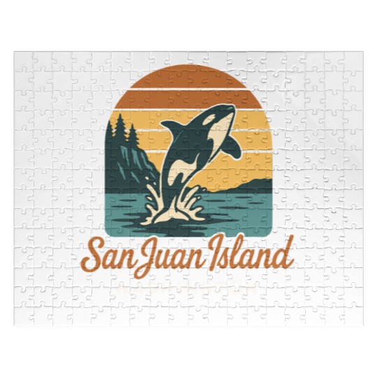 San Juan Island Washington Orca Whale Retro Sunset Jigsaw Puzzles