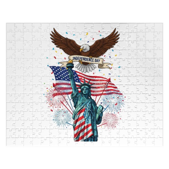 US flag with eagle and statue of liberty Jigsaw Puzzles