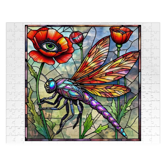 Dragonfly stained glass poppy flower insect eye Jigsaw Puzzles