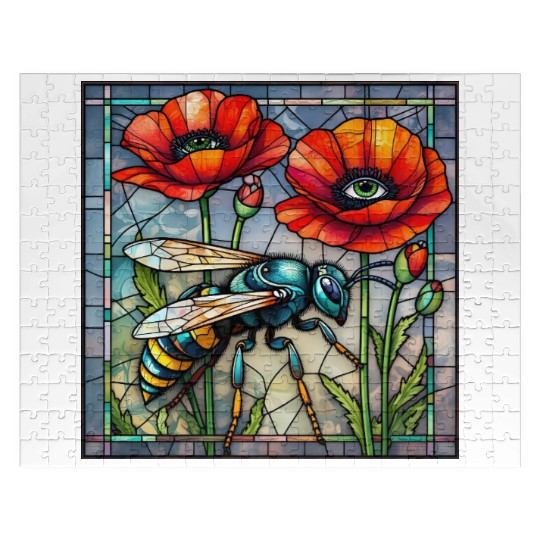 Wasp hornet bee stained glass vibrant poppy flower Jigsaw Puzzles