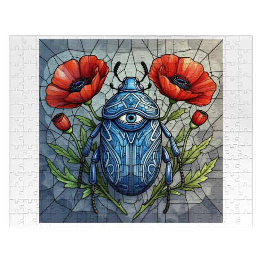 Beetle stained glass bug design vibrant poppy Jigsaw Puzzles