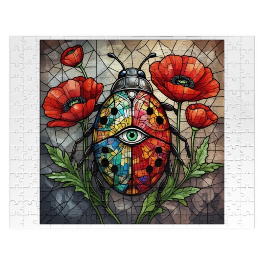 Ladybug stained glass vibrant poppy flower insect Jigsaw Puzzles