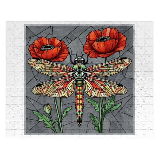 Dragonfly stained glass design vibrant poppy eye Jigsaw Puzzles
