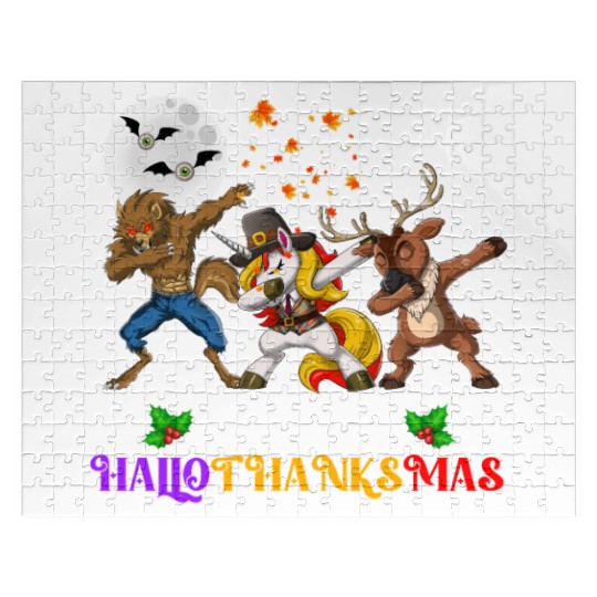 Happy Hallothanksmas Dabbing werewolf Unicorn Deer Jigsaw Puzzles
