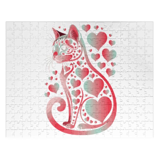 Heart Pattern Cat Illustration with Playful Jigsaw Puzzles