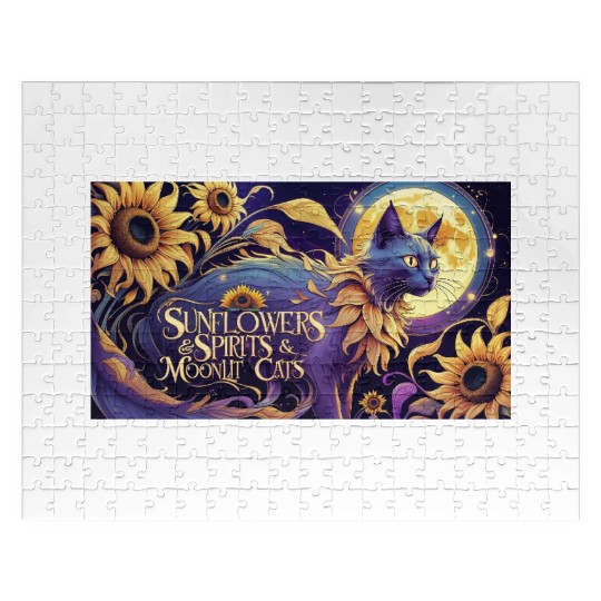 Celestial Cat Among Sunflowers and Moonlit Night Jigsaw Puzzles