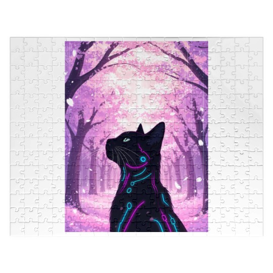 Midnight Cyber Cat | Pink Cherry Blossom Forest Jigsaw Puzzles