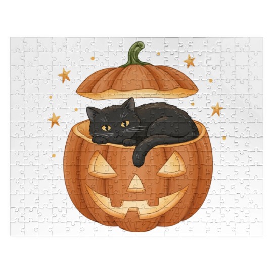 Black Cat in Jack-O-Lantern Pumpkin Jigsaw Puzzles