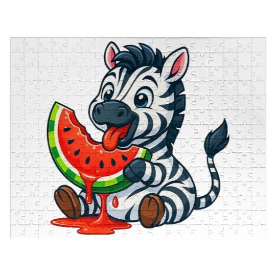Cute zebra with watermelon summer cartoon Jigsaw Puzzles