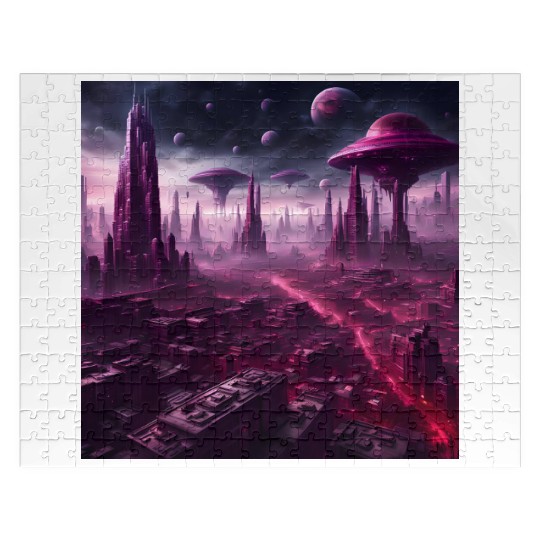 Sci-Fi Future World And Alien City in Neon Pink Jigsaw Puzzles