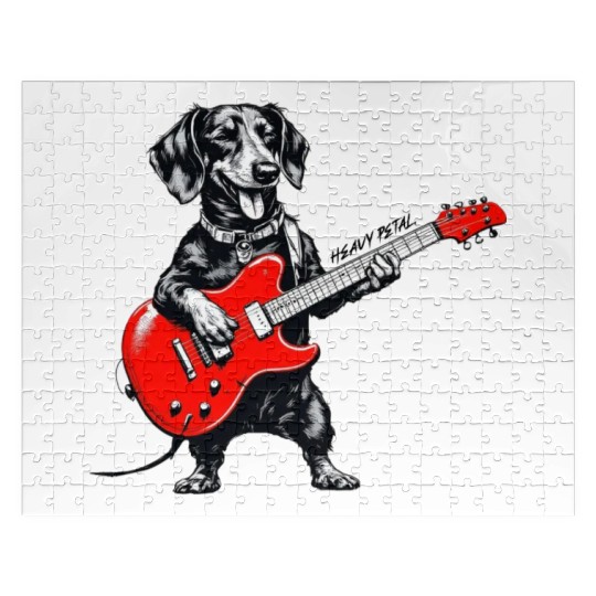 Dachshund Playing Guitar Funny Rock and Roll Dog Jigsaw Puzzles