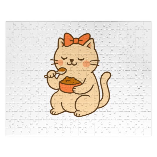 Cute Cat with Bow Eating SoupCute Kawaii Cat Eatin Jigsaw Puzzles