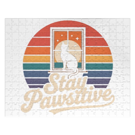 Stay Pawsitive Retro Cat Window Starry Night Jigsaw Puzzles