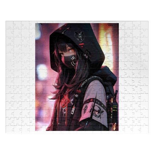 Cyberpunk Hooded Girl with Neon Accents Jigsaw Puzzles