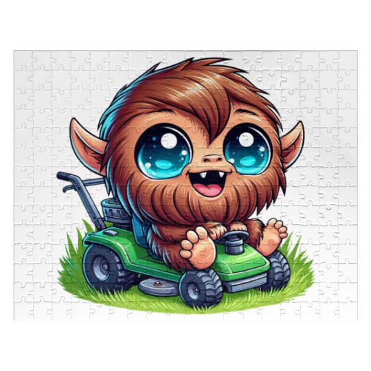 Cute Bigfoot Sasquatch lawnmower gardening cartoon Jigsaw Puzzles