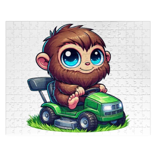 Cute Bigfoot Sasquatch lawn mower gardening chibi Jigsaw Puzzles