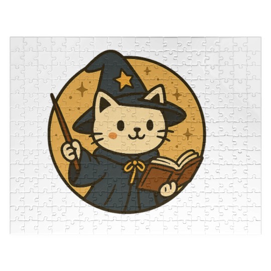 Whimsical Cat Wizard in Starry Night Jigsaw Puzzles