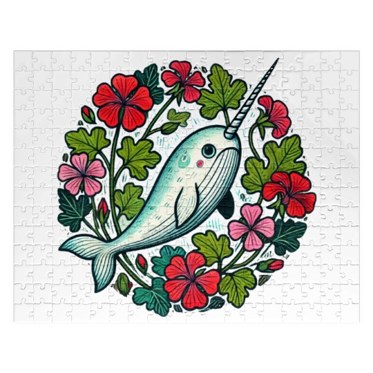 Whimsical Narwhal Amid Floral Bloom Jigsaw Puzzles