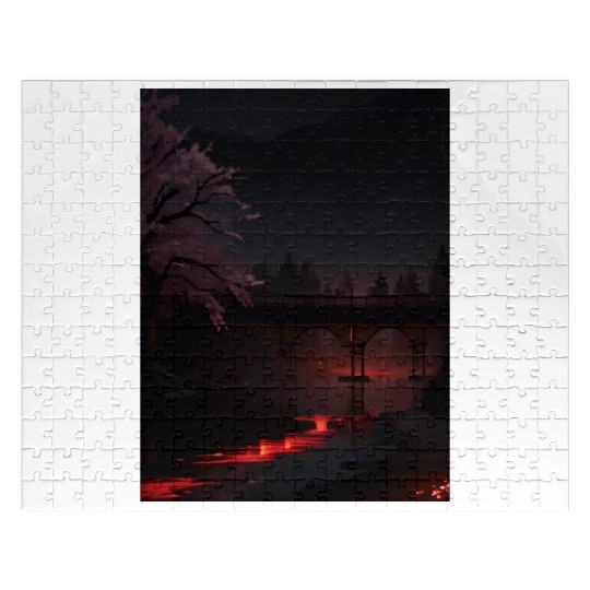 Nighttime Bridge and Cherry Blossom Scene Jigsaw Puzzles