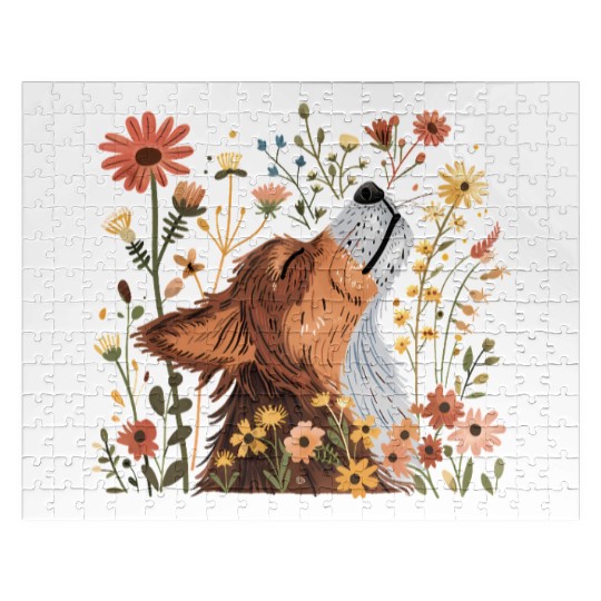 Serene Howling Wolf Amid Floral Bloom Jigsaw Puzzles