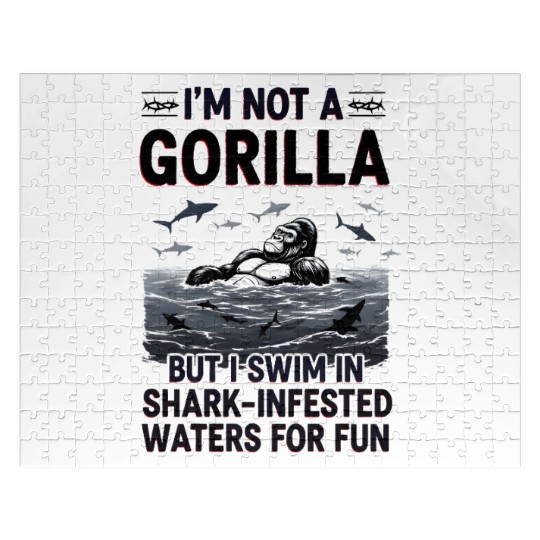 Gorilla vs Sharks Funny Swim Graphic Design Jigsaw Puzzles