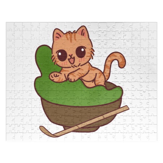 Kawaii Cat in Matcha Tea Bowl Jigsaw Puzzles