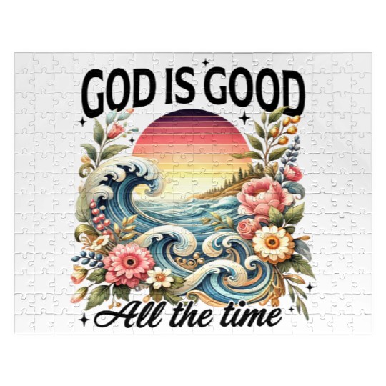 Elegant Wave and Floral Sunset Scene - GOD IS GOOD Jigsaw Puzzles